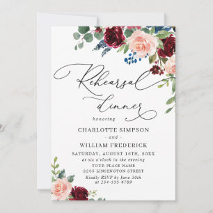 Burgundy Navy Eucalyptus Roses REHEARSAL DINNER Invitation