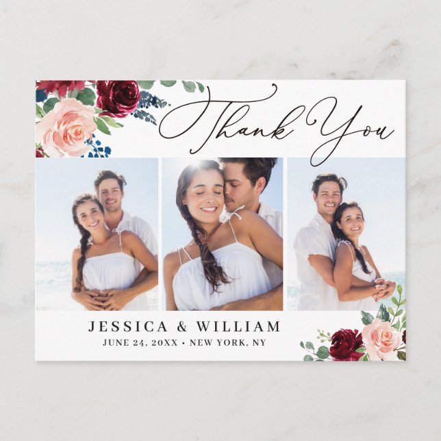 Burgundy Navy Eucalyptus Wedding 3 Photo Thank You Postcard (Front)