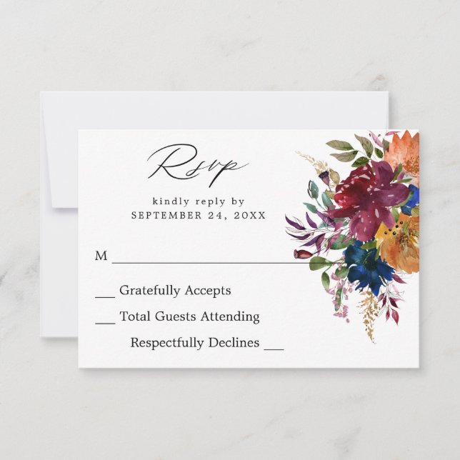 Burgundy & Navy Fall Floral no Meal RSVP Card (Front)