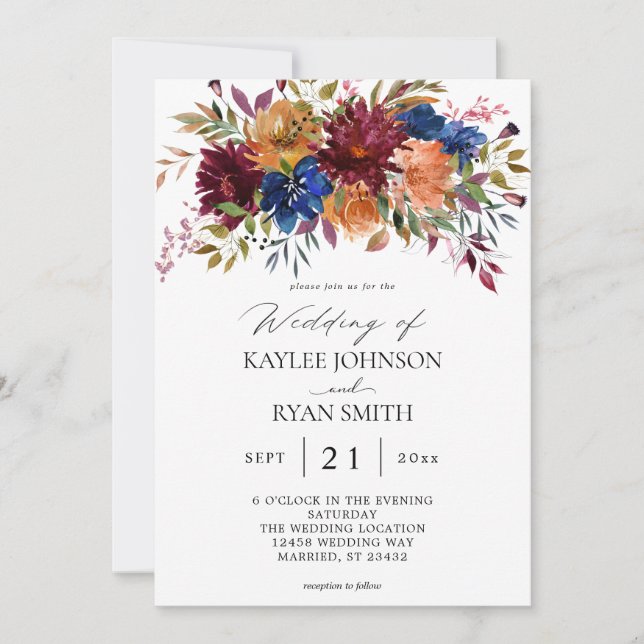 Burgundy & Navy Fall Floral Wedding  Invitation (Front)