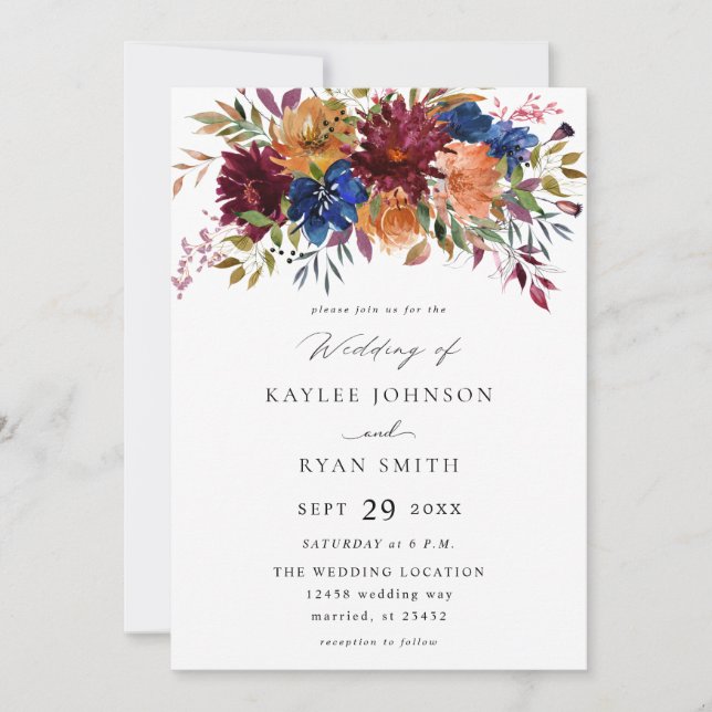 Burgundy & Navy Fall Floral Wedding V2 Invitation (Front)