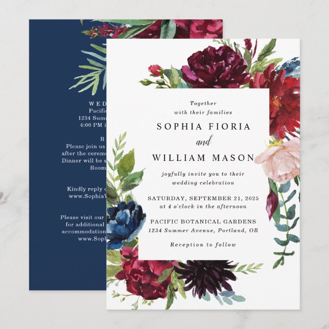 Burgundy Navy Floral All In One Wedding Invitation (Front/Back)