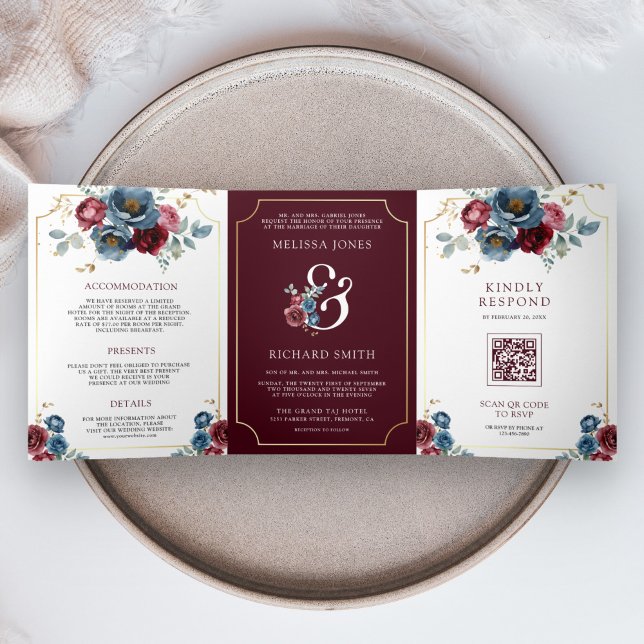 Burgundy Navy Floral Ampersand QR Code Wedding Tri-Fold Invitation (Creator Uploaded)