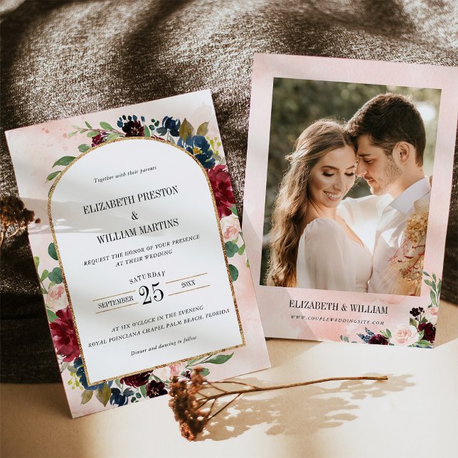 Burgundy Navy Floral Arch Frame Photo Wedding Invitation (Creator Uploaded)