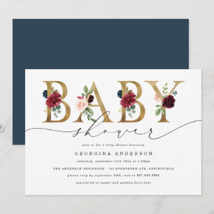 Burgundy Navy Floral Baby Shower Invitation