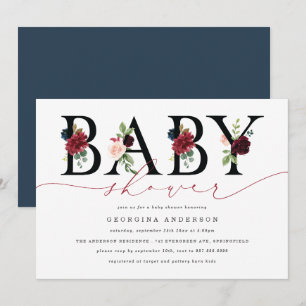 Burgundy Navy Floral Baby Shower Invitation