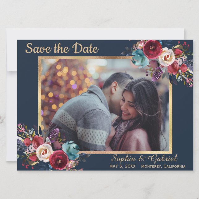 Burgundy Navy Floral Blue Photo Save the Date (Front)