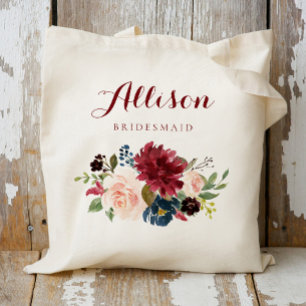 Burgundy Navy Floral bouquet bridesmaid Tote Bag