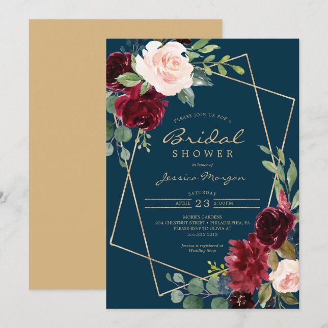 Burgundy Navy Floral Bridal Shower Invitation (Front/Back)