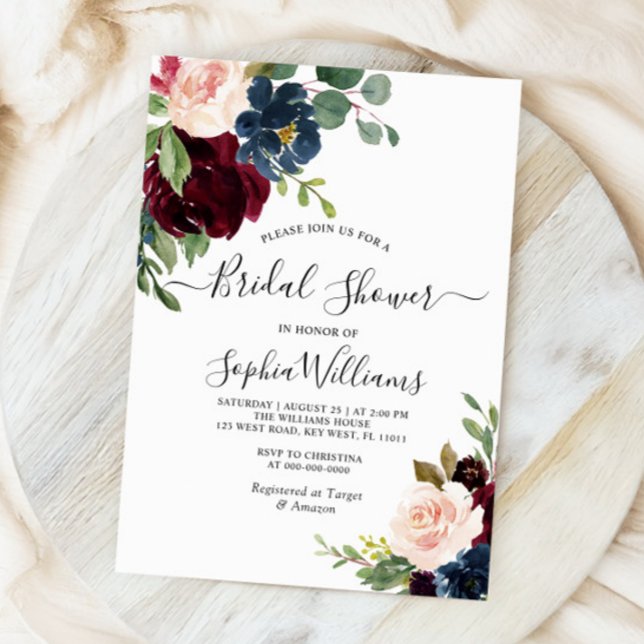 Burgundy & Navy Floral Bridal Shower Invitation (Creator Uploaded)