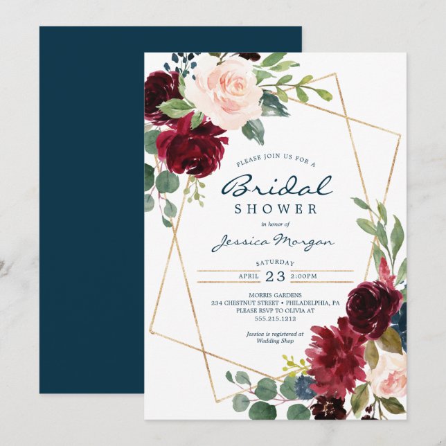 Burgundy Navy Floral Bridal Shower Invitation (Front/Back)