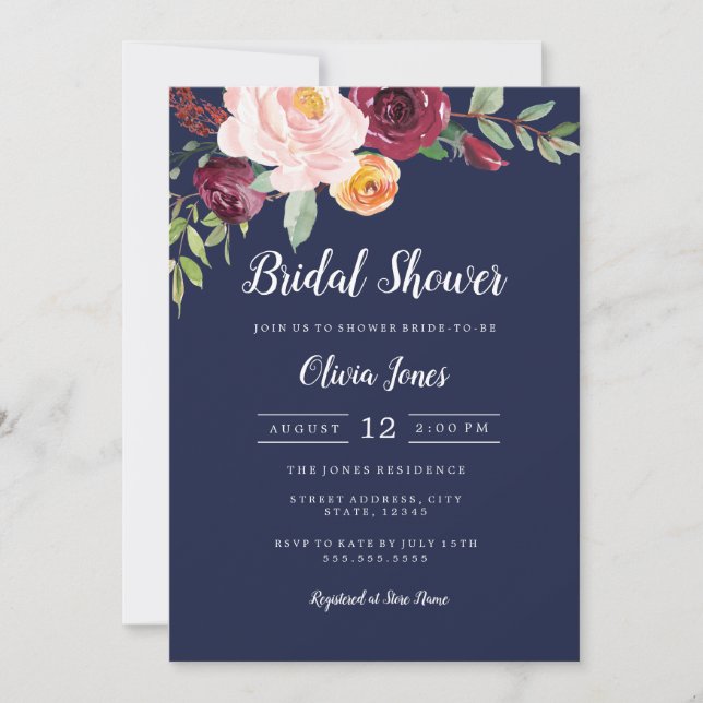 Burgundy Navy Floral Bridal Shower Invitation (Front)