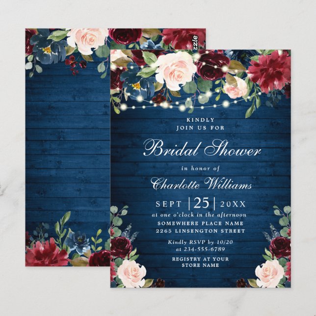 Burgundy Navy Floral Bridal Shower Invitations (Front/Back)