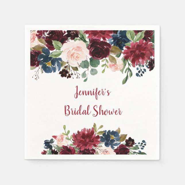 Burgundy & Navy Floral Bridal Shower Napkin (Front)