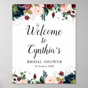burgundy & navy floral bridal shower welcome sign
