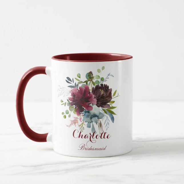 Burgundy Navy Floral Bridesmaid Gift Mug (Left)