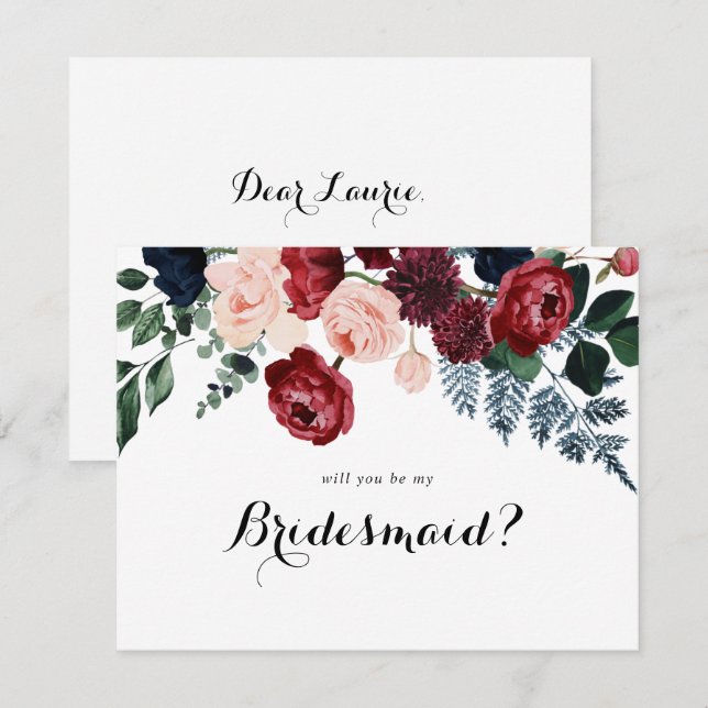 Burgundy Navy Floral Bridesmaid Proposal Note Card (Front/Back)