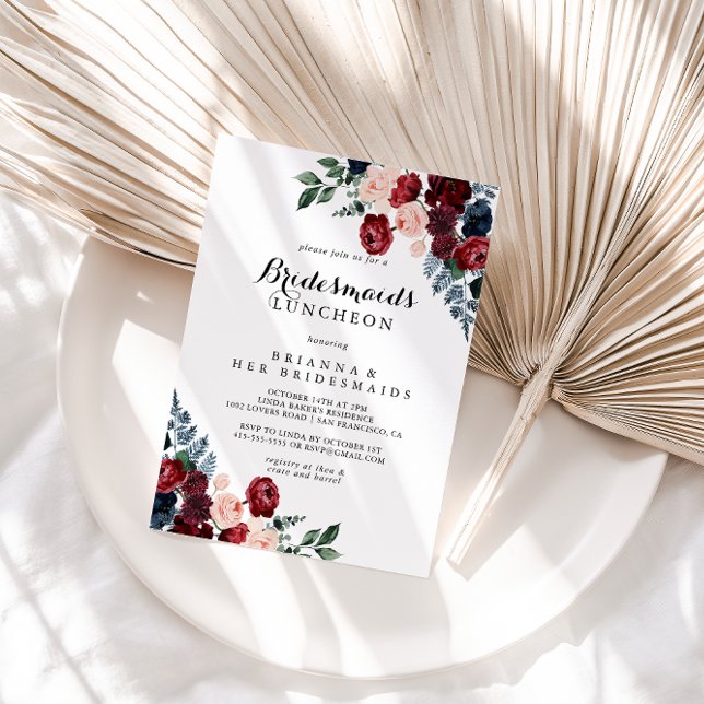 Burgundy Navy Floral Bridesmaids Luncheon Shower  Invitation (Creator Uploaded)
