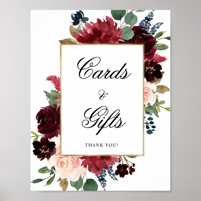 Burgundy Navy Floral Cards and Gifts Wedding Poster (Front)