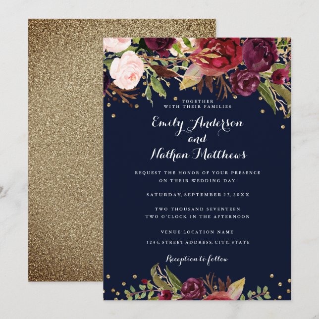 Burgundy Navy Floral Confetti Wedding Invitation (Front/Back)