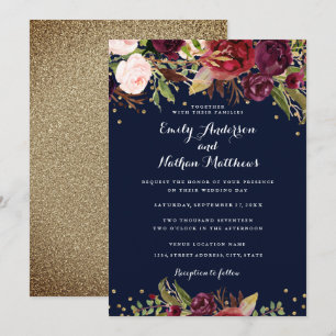 Burgundy Navy Floral Confetti Wedding Invitation