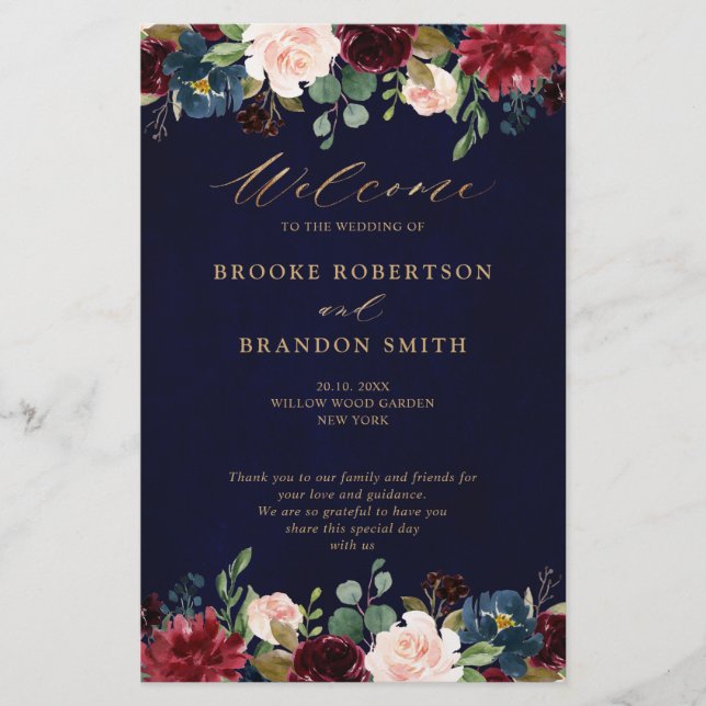 Burgundy Navy Floral Country Wedding Program (Front)