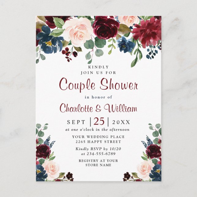 Burgundy Navy Floral Couple Shower Invitations (Front)