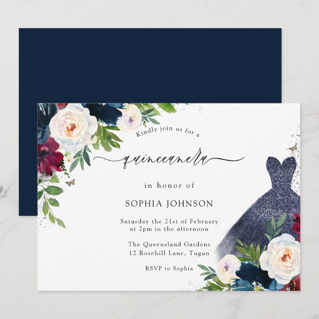 Burgundy & Navy Floral Dress Quinceanera Party Invitation (Front/Back)