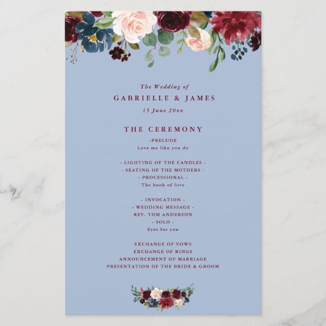 Burgundy navy floral dusty blue wedding program (Front)