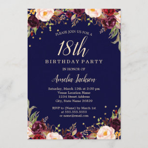 Burgundy Navy Floral Elegant 18th Birthday Party Invitation