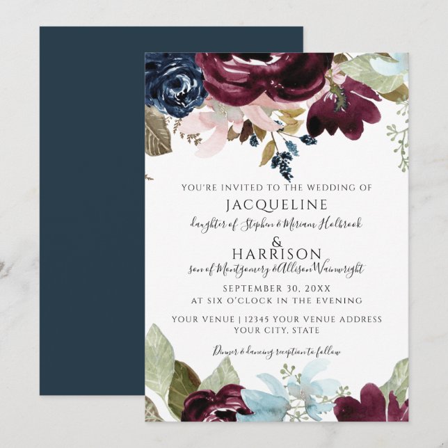 Burgundy Navy Floral Elegant Fall Foliage Wedding Invitation (Front/Back)