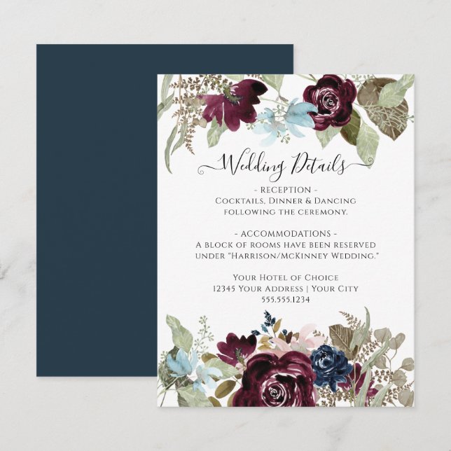 Burgundy Navy Floral Elegant Fall Wedding Details Invitation (Front/Back)