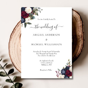 Burgundy Navy Floral Elegant Formal Script Wedding Invitation