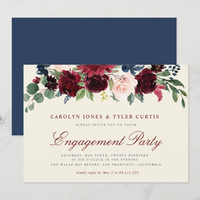 burgundy navy floral engagement party invitation (Front/Back)