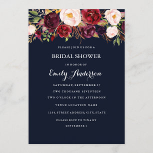 Burgundy Navy Floral Fall Bridal Shower Card