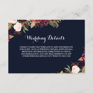 Burgundy Navy Floral Fall Reception Details Enclosure Card