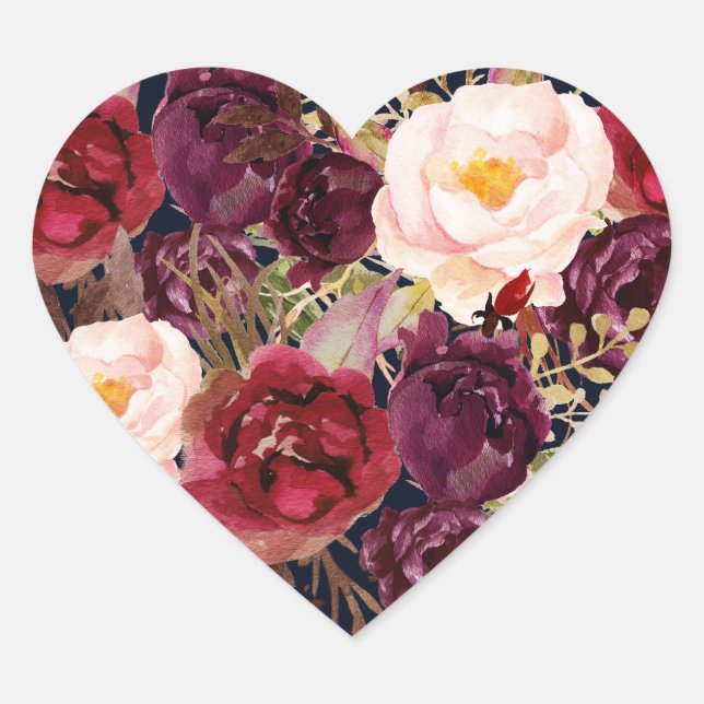 Burgundy Navy Floral Fall Wedding Heart Seal (Front)