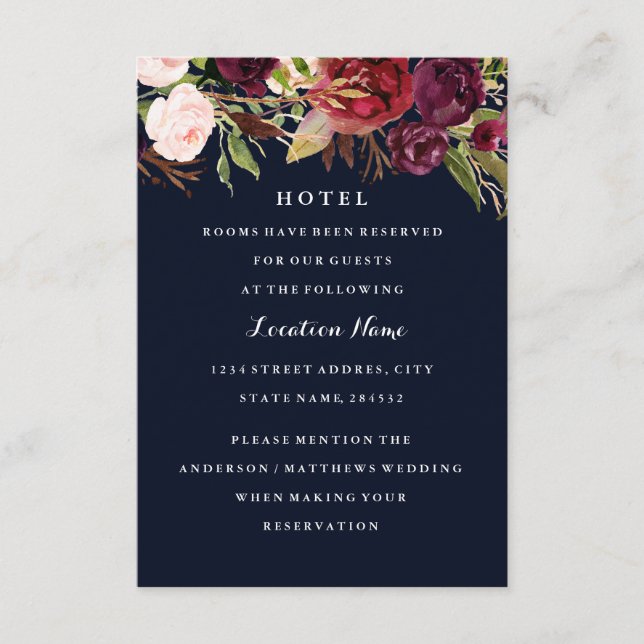 Burgundy Navy Floral Fall Wedding Hotel Card (Front)