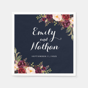 Burgundy Navy Floral Fall Wedding Napkin