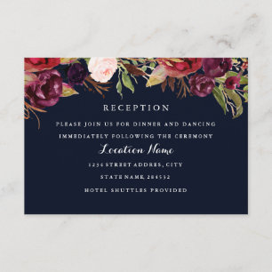 Burgundy Navy Floral Fall Wedding Reception Card