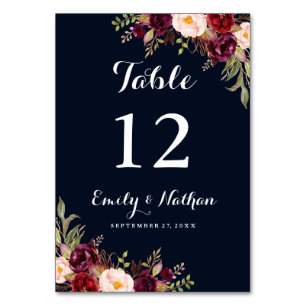 Burgundy Navy Floral Fall Wedding Table Number