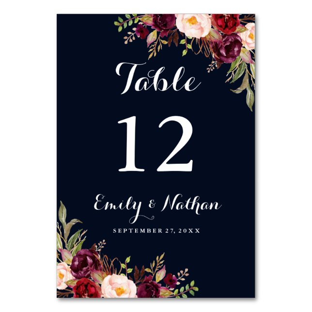 Burgundy Navy Floral Fall Wedding Table Number (Front)
