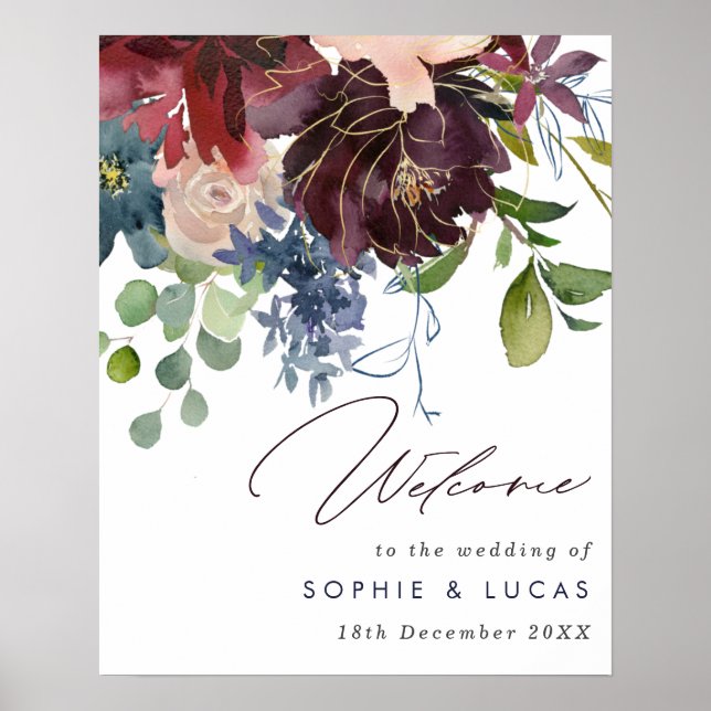 Burgundy & Navy Floral Fall Wedding Welcome Poster (Front)