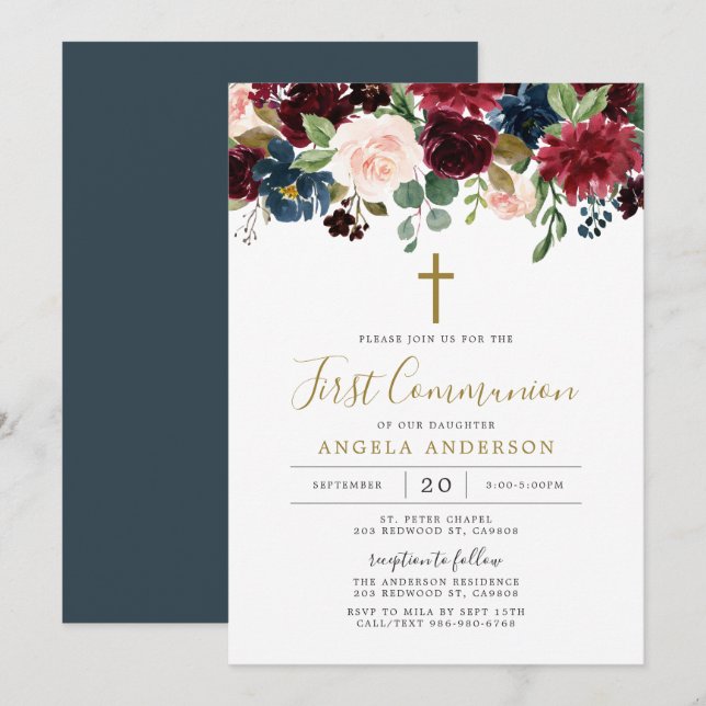 Burgundy Navy Floral First Communion Invitation (Front/Back)
