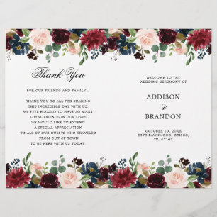 Burgundy Navy Floral Folded Wedding Program