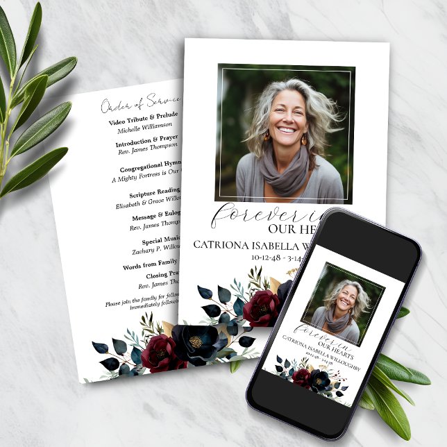 Burgundy Navy Floral Funeral Memorial Program Invitation (Creator Uploaded)