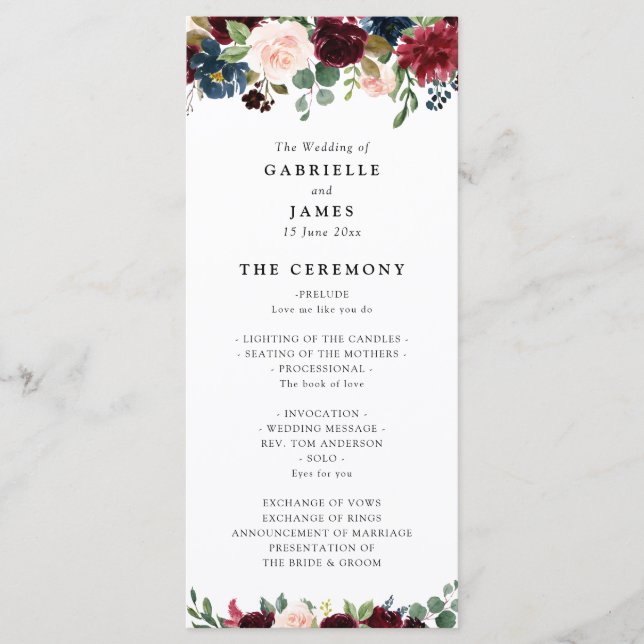 Burgundy navy floral garland wedding program programme (Front)