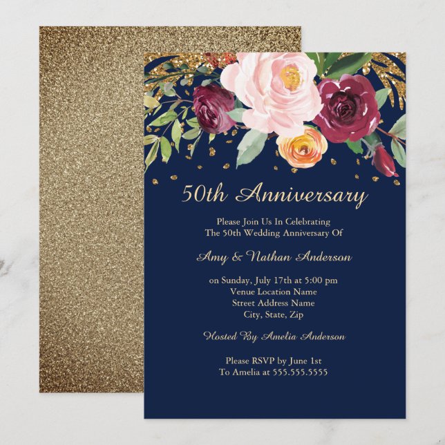 Burgundy Navy Floral Glitter 50th Anniversary Invitation (Front/Back)