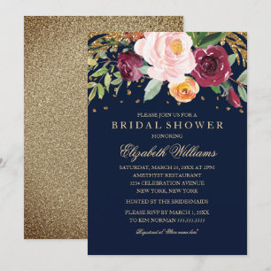 Burgundy Navy Floral Glitter Bridal Shower Invitation