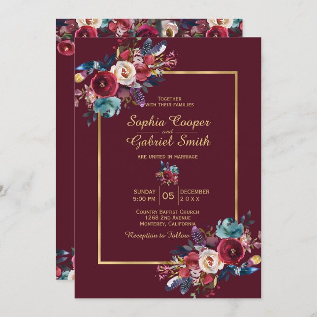 Burgundy Navy Floral Gold Frame on bordo Wedding Invitation (Front/Back)